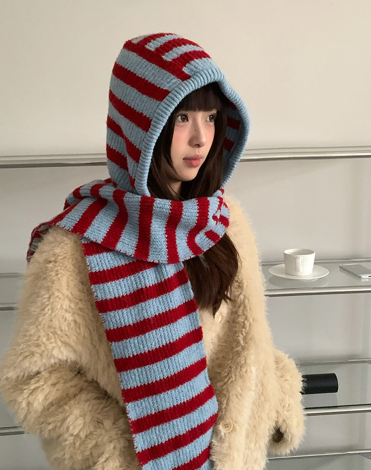 Woolen Korean Style Black And White Striped Knitted Balaclava For Women Winter Warm Ear Protection Hat Scarf One Piece