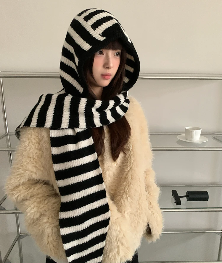 Woolen Korean Style Black And White Striped Knitted Balaclava For Women Winter Warm Ear Protection Hat Scarf One Piece