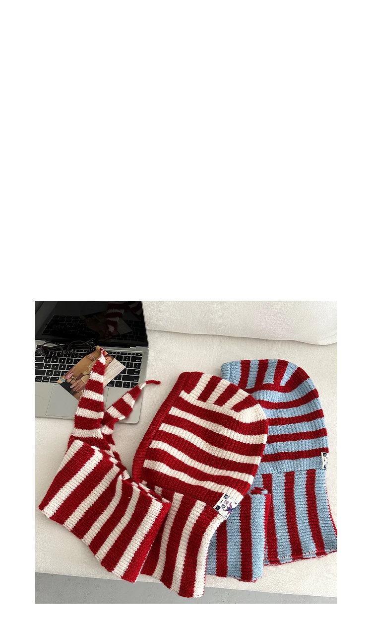 Woolen Korean Style Black And White Striped Knitted Balaclava For Women Winter Warm Ear Protection Hat Scarf One Piece