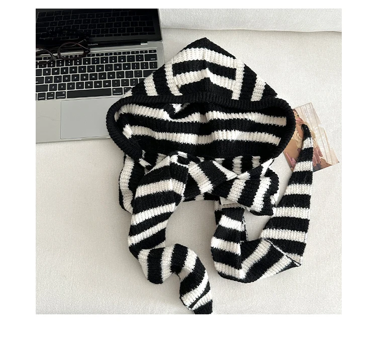 Woolen Korean Style Black And White Striped Knitted Balaclava For Women Winter Warm Ear Protection Hat Scarf One Piece