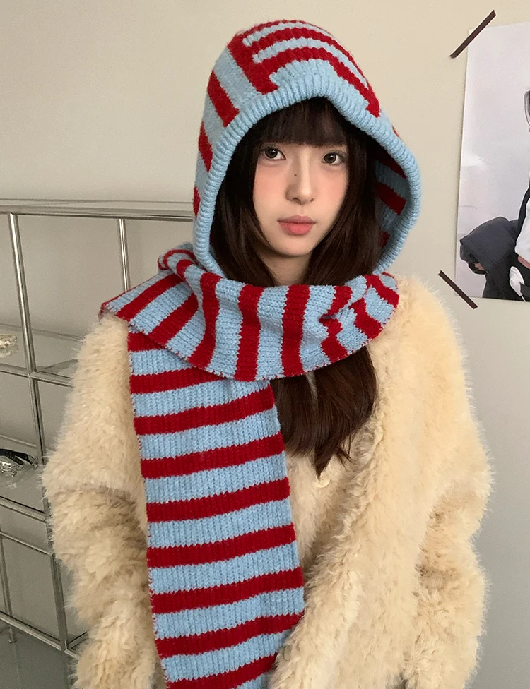 Woolen Korean Style Black And White Striped Knitted Balaclava For Women Winter Warm Ear Protection Hat Scarf One Piece