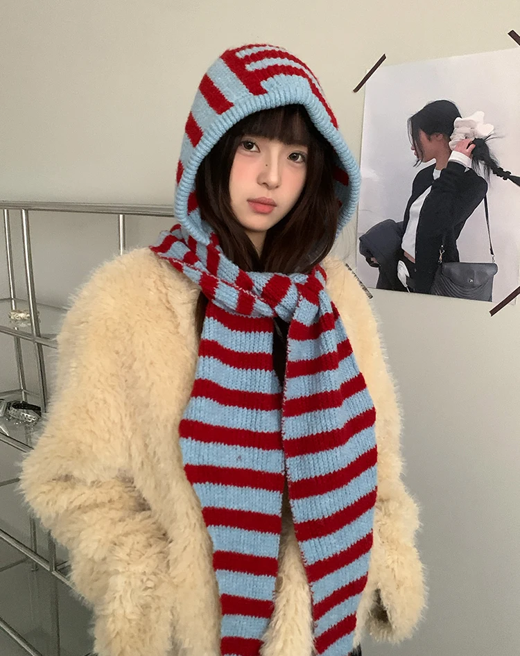 Woolen Korean Style Black And White Striped Knitted Balaclava For Women Winter Warm Ear Protection Hat Scarf One Piece