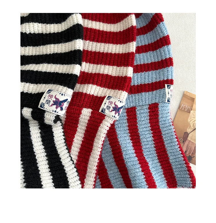 Woolen Korean Style Black And White Striped Knitted Balaclava For Women Winter Warm Ear Protection Hat Scarf One Piece