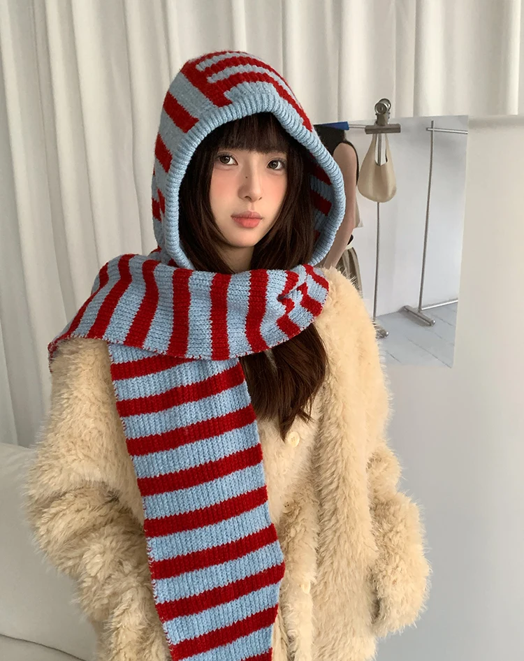 Woolen Korean Style Black And White Striped Knitted Balaclava For Women Winter Warm Ear Protection Hat Scarf One Piece