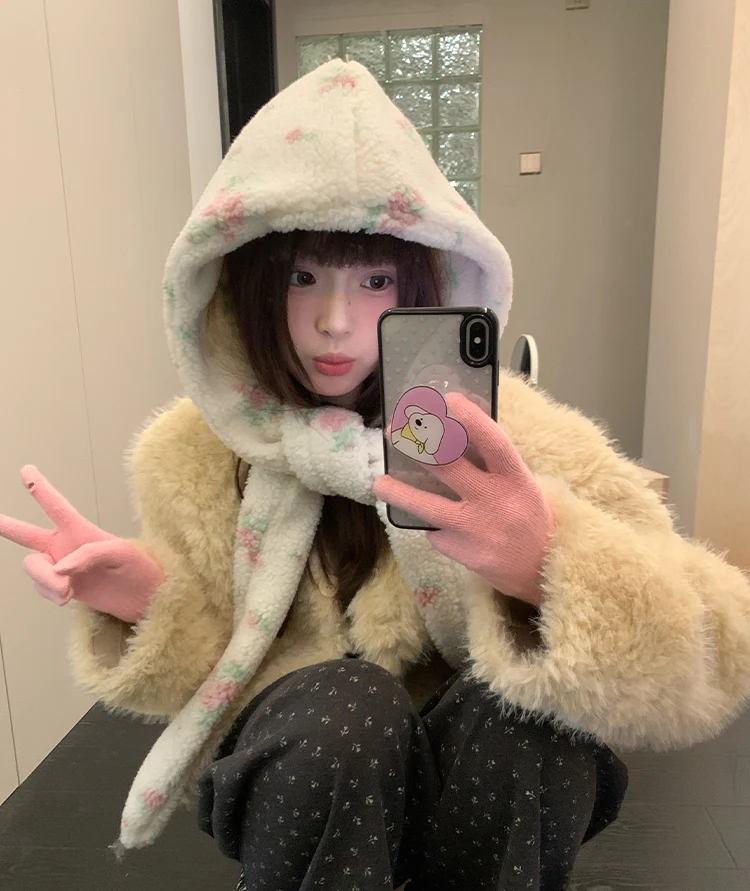 Han Style Flower Balaclava For Women Warm Ear Hat With Scarf For Big Head In Winter