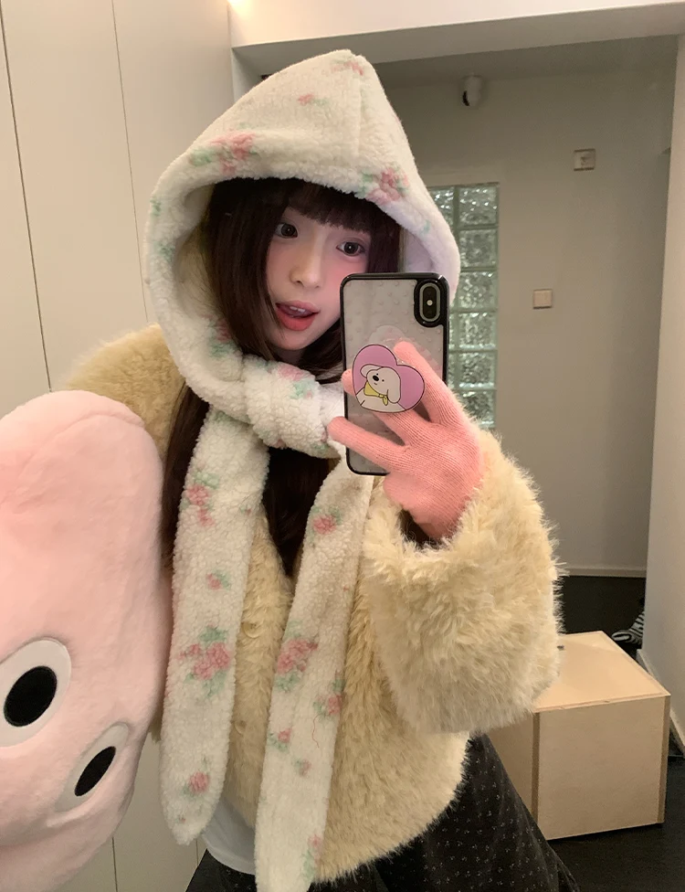 Han Style Flower Balaclava For Women Warm Ear Hat With Scarf For Big Head In Winter
