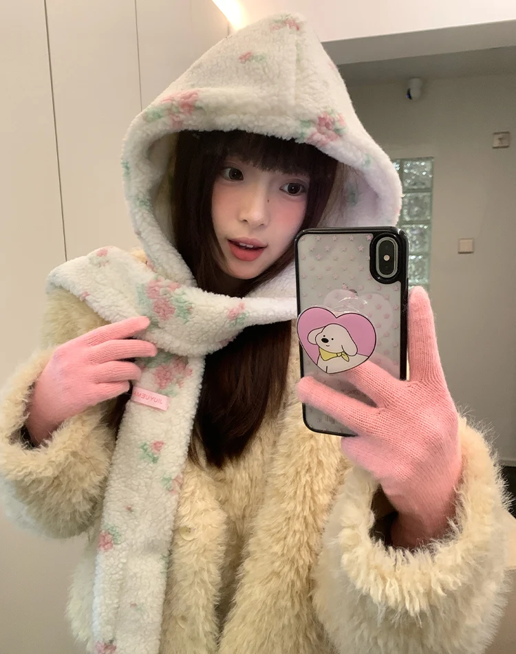 Han Style Flower Balaclava For Women Warm Ear Hat With Scarf For Big Head In Winter