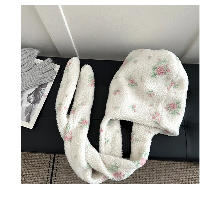Han Style Flower Balaclava For Women Warm Ear Hat With Scarf For Big Head In Winter