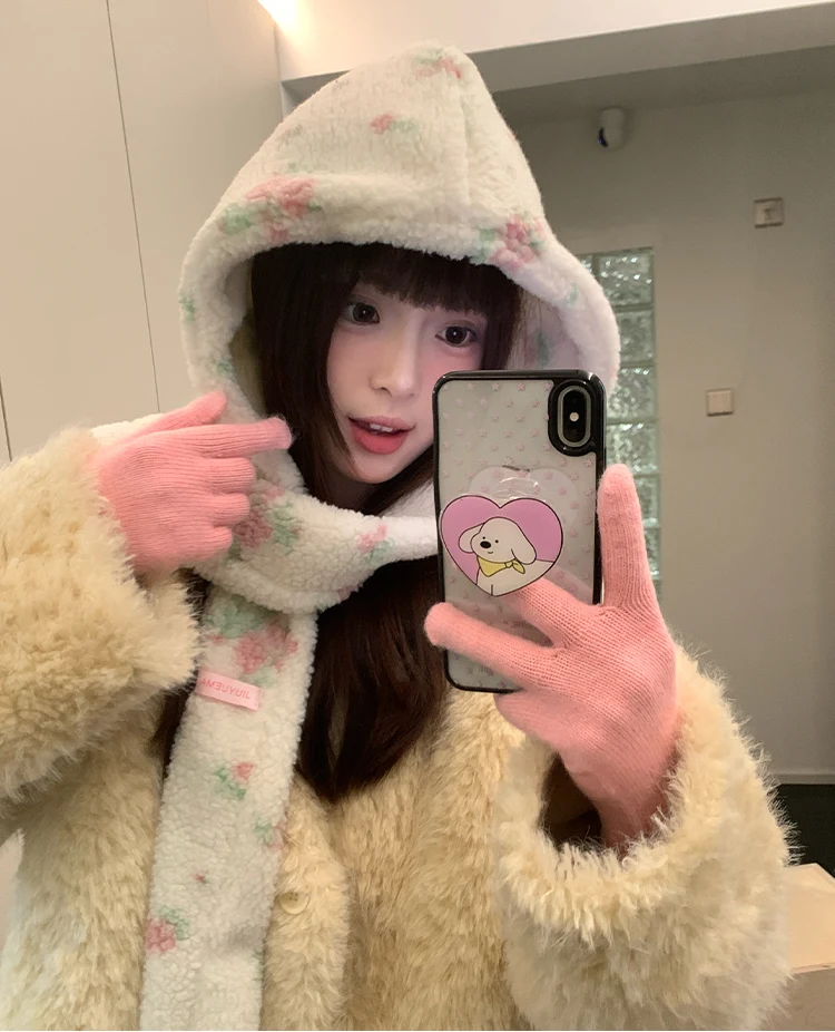 Han Style Flower Balaclava For Women Warm Ear Hat With Scarf For Big Head In Winter