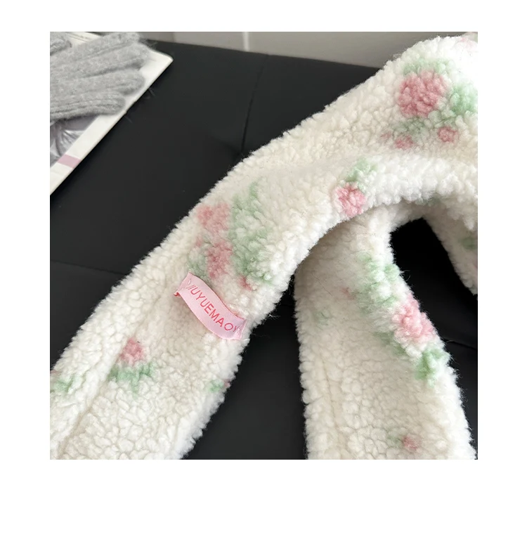 Han Style Flower Balaclava For Women Warm Ear Hat With Scarf For Big Head In Winter