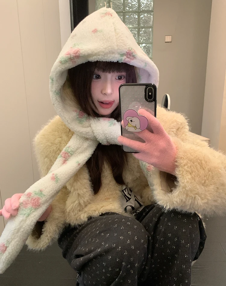 Han Style Flower Balaclava For Women Warm Ear Hat With Scarf For Big Head In Winter