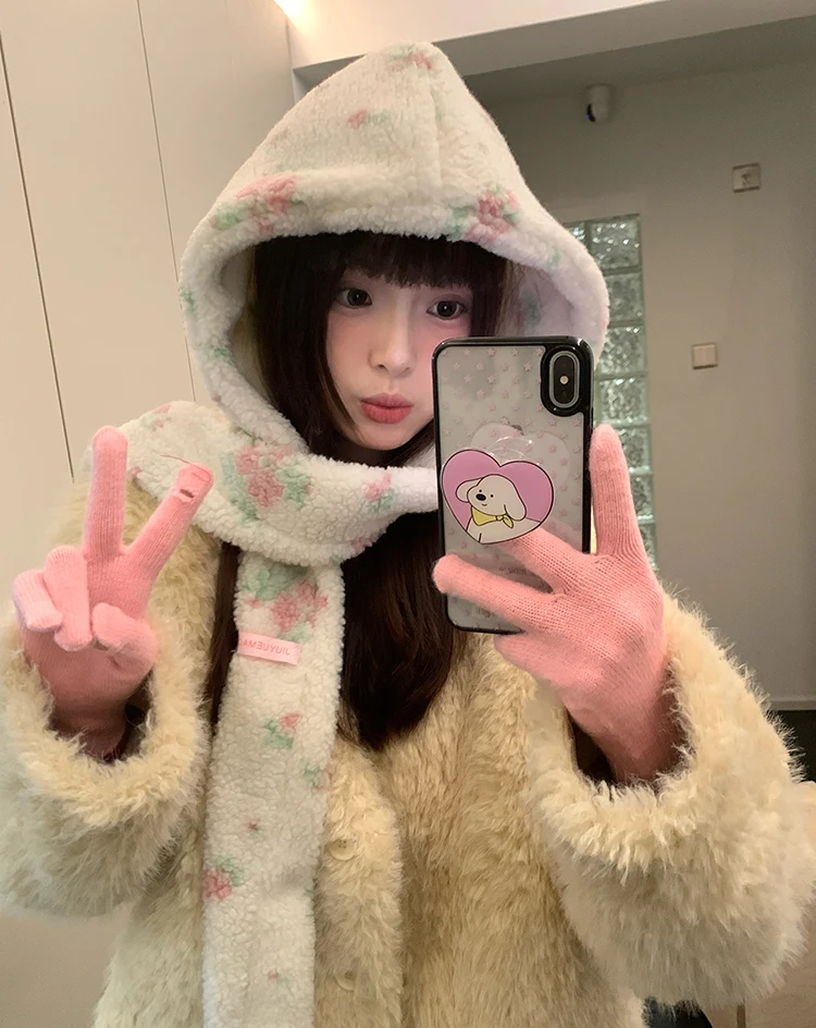Han Style Flower Balaclava For Women Warm Ear Hat With Scarf For Big Head In Winter
