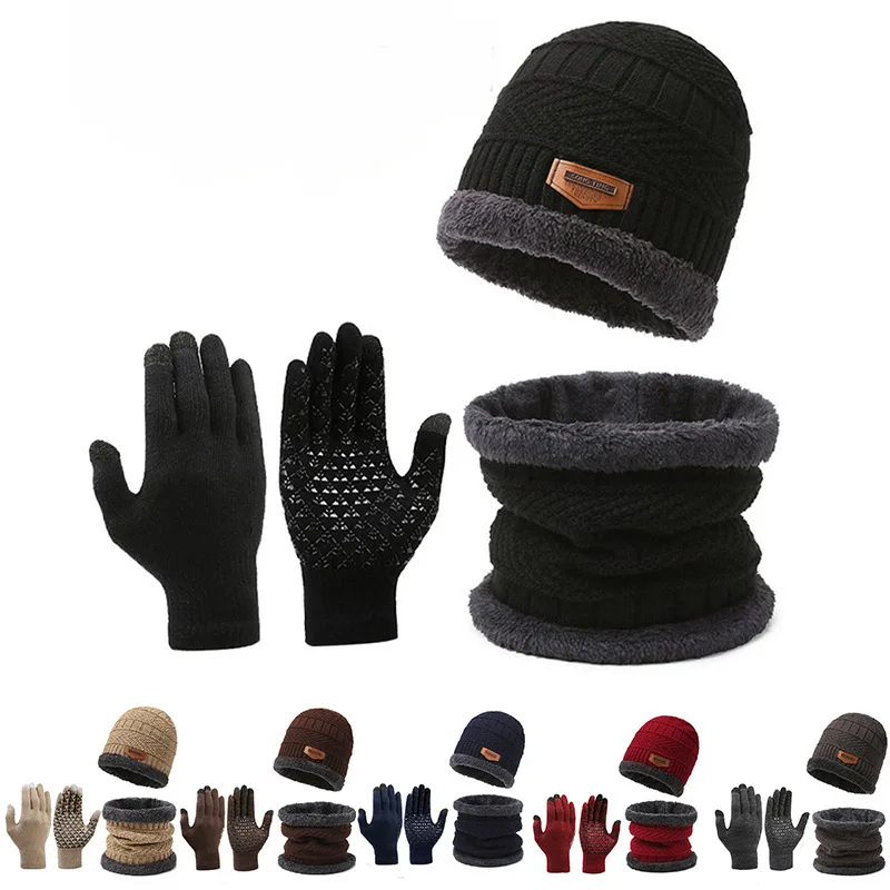 3Pcs Winter Beanie Hat Scarf Gloves Set Fleece Lined Knit Thermal Warm Touch Screen Unisex Windproof Cold Weather Outdoor Set