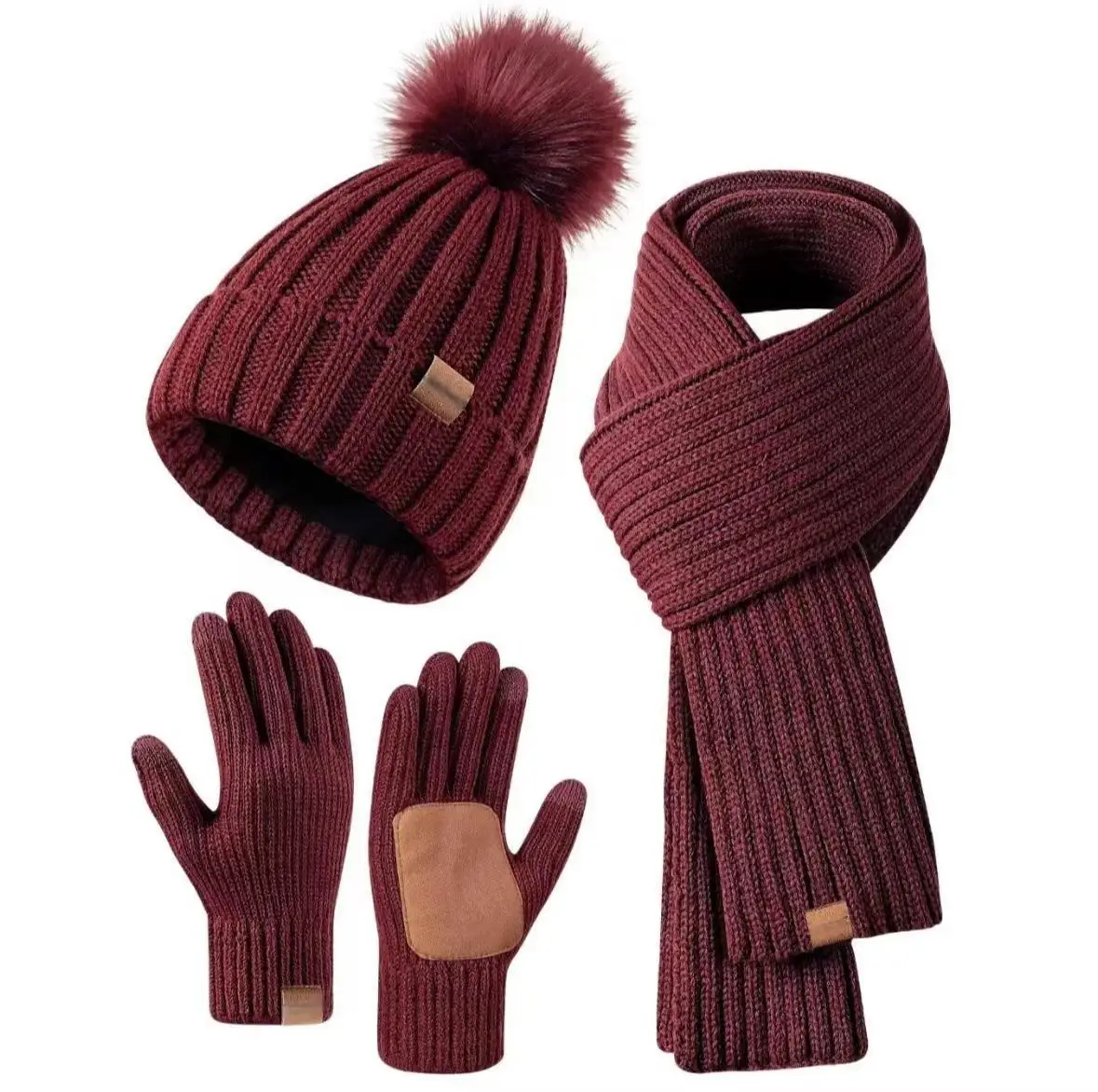 New Adult Women Winter Warm Touchscreen Gloves Three-piece Set Men Hat Scarf Set Ladies Windproof Fleece Comfortable Style Gents