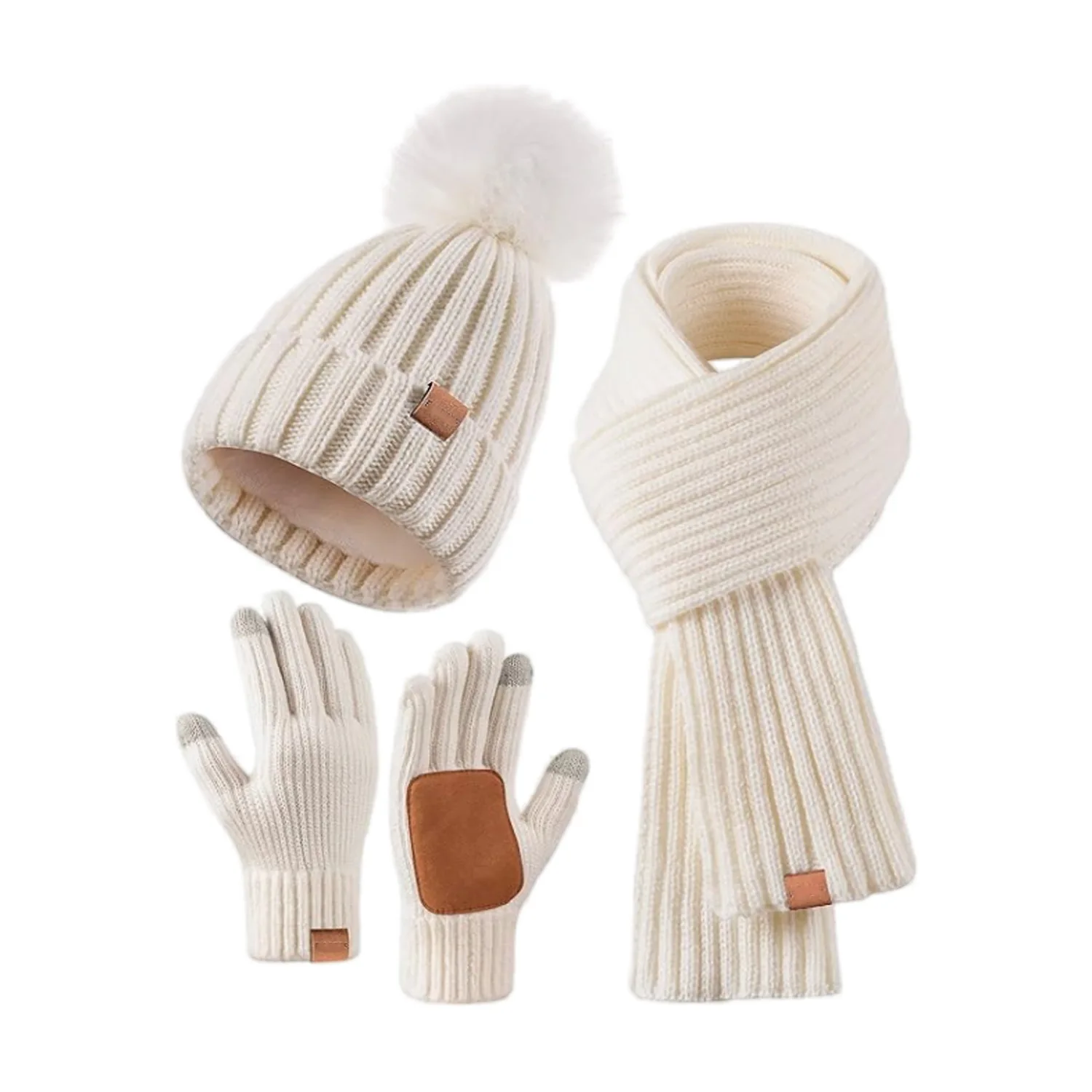 New Adult Women Winter Warm Touchscreen Gloves Three-piece Set Men Hat Scarf Set Ladies Windproof Fleece Comfortable Style Gents