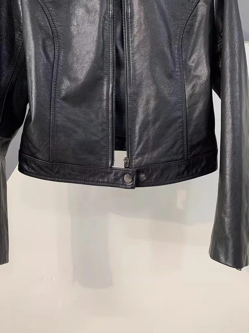 Autumn Fashion Genuine Leather Women Short Jacket Stand Collar Zipper Coat Top Work Lady Slim Fit Jackets Casual Black Outerwear