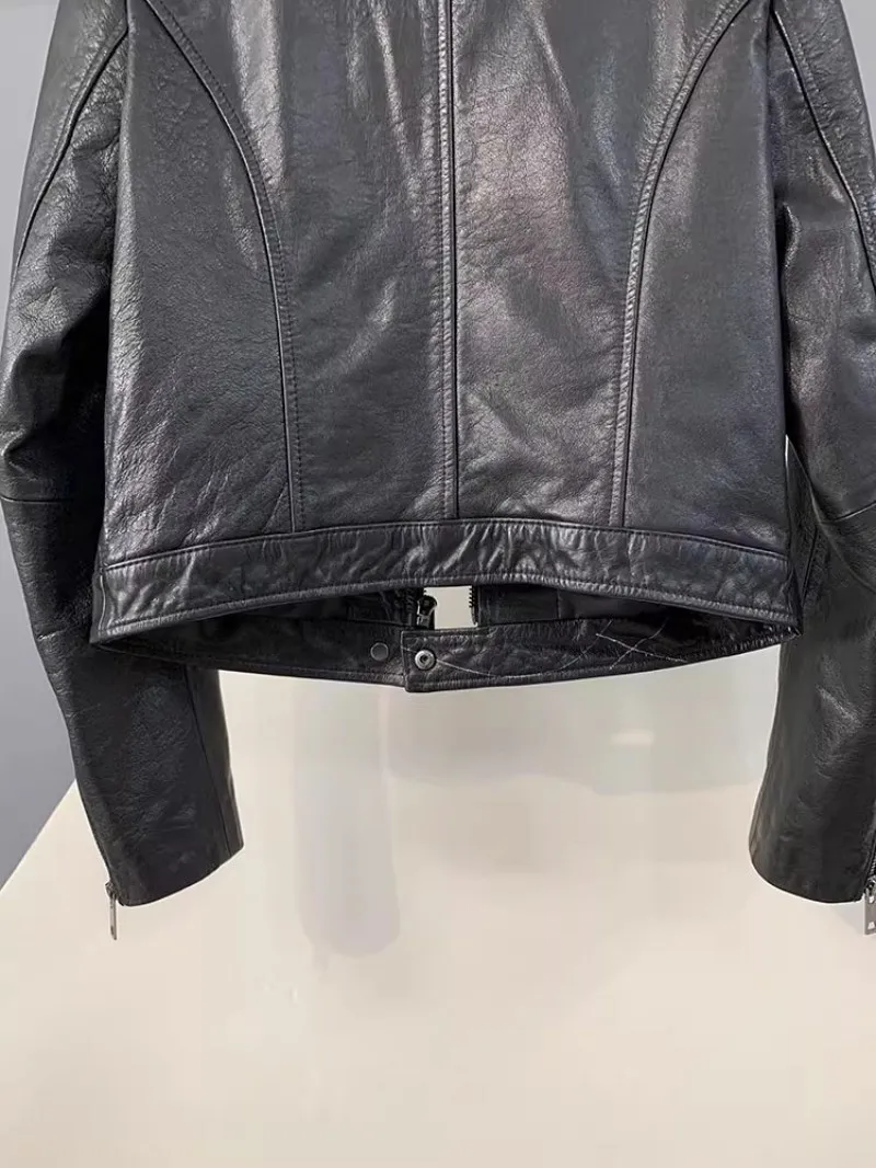 Autumn Fashion Genuine Leather Women Short Jacket Stand Collar Zipper Coat Top Work Lady Slim Fit Jackets Casual Black Outerwear