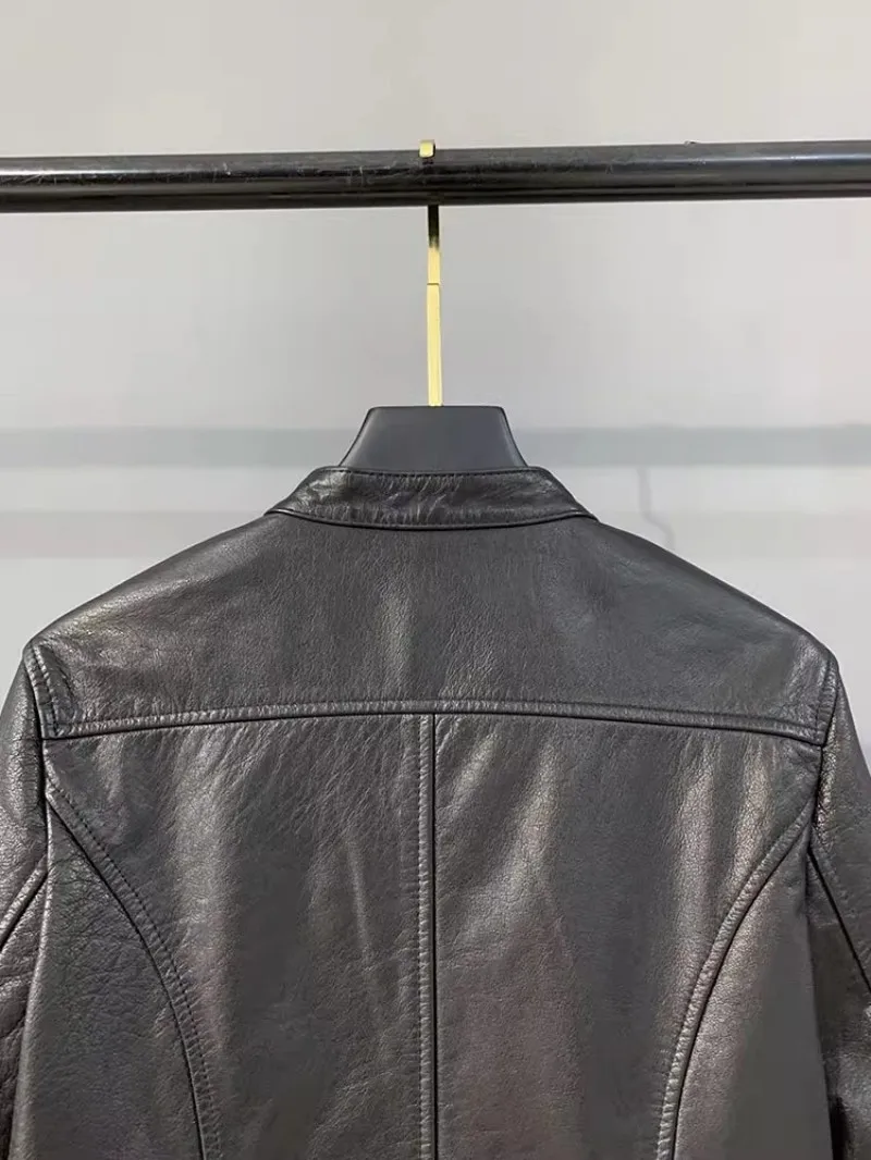 Autumn Fashion Genuine Leather Women Short Jacket Stand Collar Zipper Coat Top Work Lady Slim Fit Jackets Casual Black Outerwear