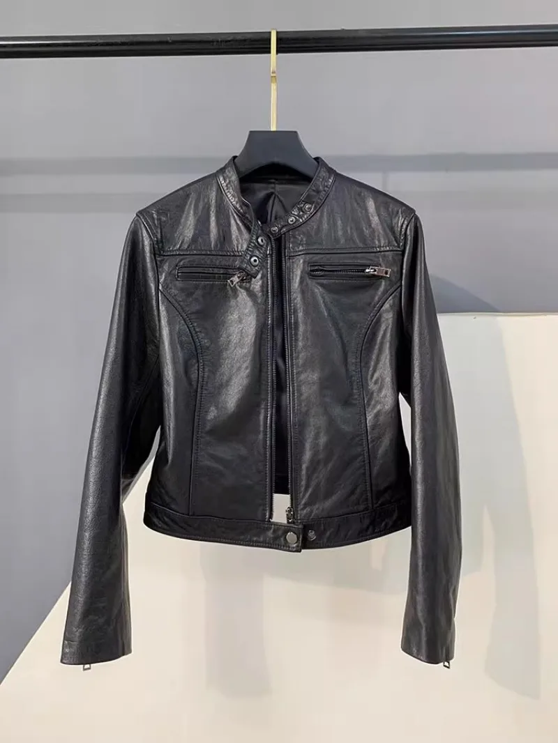 Autumn Fashion Genuine Leather Women Short Jacket Stand Collar Zipper Coat Top Work Lady Slim Fit Jackets Casual Black Outerwear