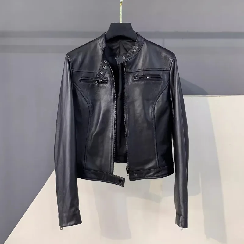 Autumn Fashion Genuine Leather Women Short Jacket Stand Collar Zipper Coat Top Work Lady Slim Fit Jackets Casual Black Outerwear