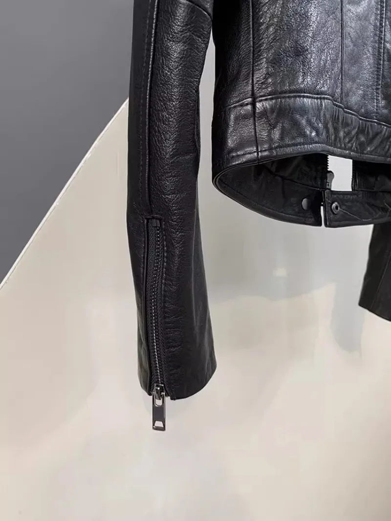 Autumn Fashion Genuine Leather Women Short Jacket Stand Collar Zipper Coat Top Work Lady Slim Fit Jackets Casual Black Outerwear