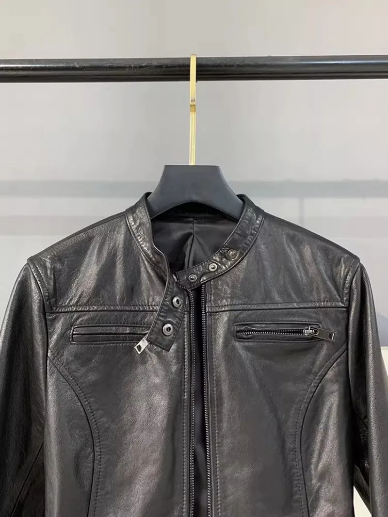 Autumn Fashion Genuine Leather Women Short Jacket Stand Collar Zipper Coat Top Work Lady Slim Fit Jackets Casual Black Outerwear