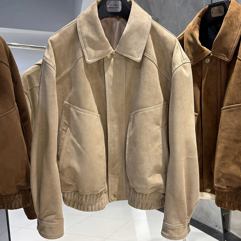 YOLOAgain Real Sheepskin Suede Jacket Women Oversized Genuine Leather Jacket Female