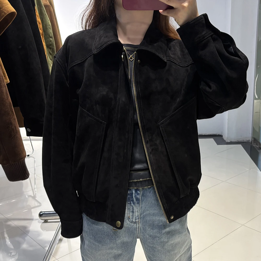 YOLOAgain Real Sheepskin Suede Jacket Women Oversized Genuine Leather Jacket Female