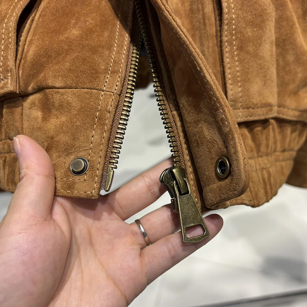 YOLOAgain Real Sheepskin Suede Jacket Women Oversized Genuine Leather Jacket Female