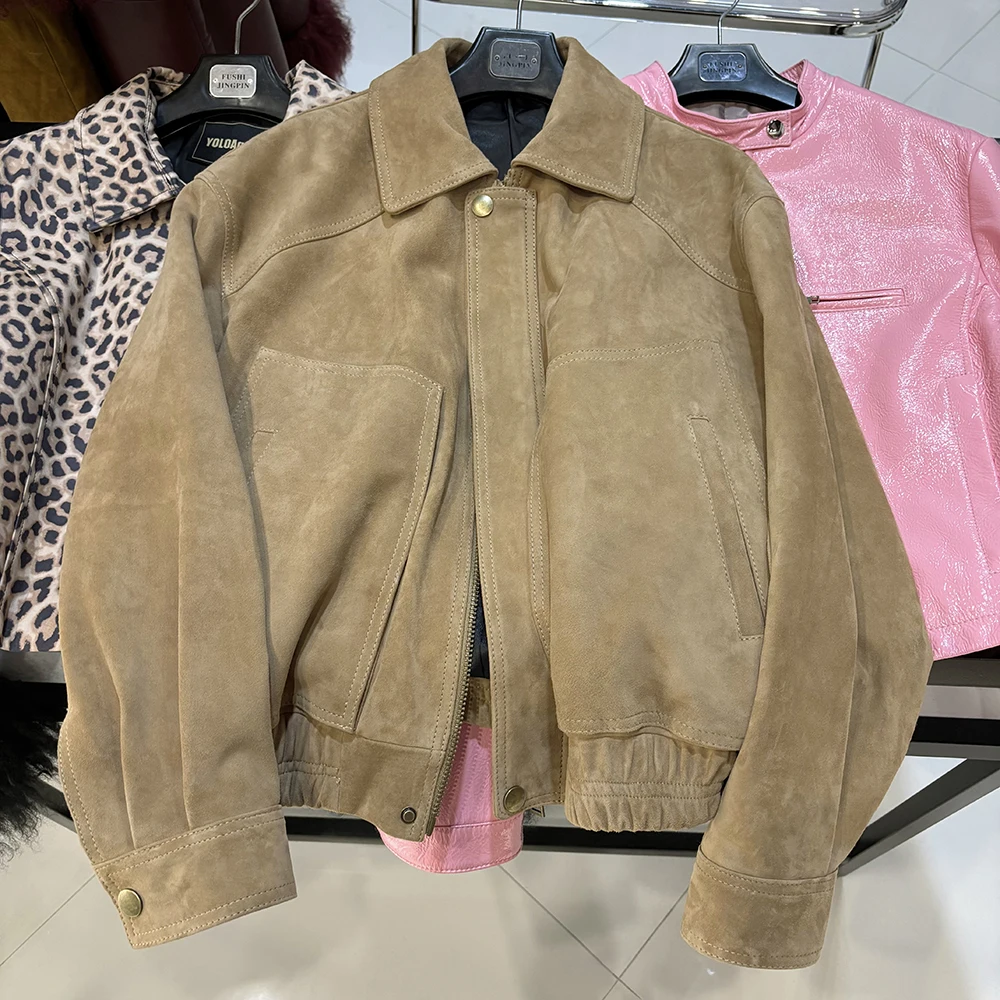 YOLOAgain Real Sheepskin Suede Jacket Women Oversized Genuine Leather Jacket Female