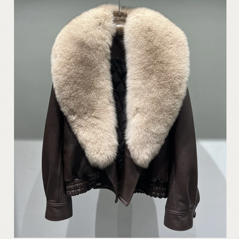 Natural Lambskin Leather Jacket for Women, 100% Genuine leather Fox Fur Leather Women Coat, Long Sleeves, H9021