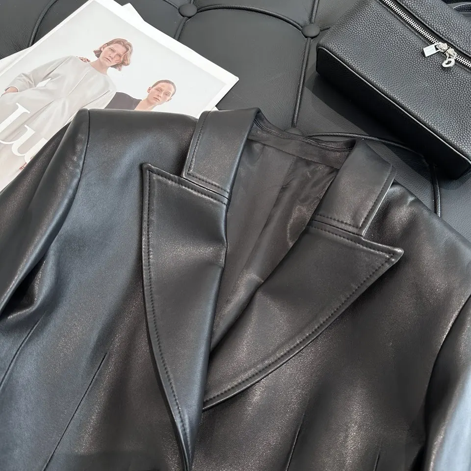 French Style Women Sheepskin Leather Long Sleeve Slim Fit Black Jacket Fashion Lady Lapel Single Breasted Long Coat 2026 Autumn