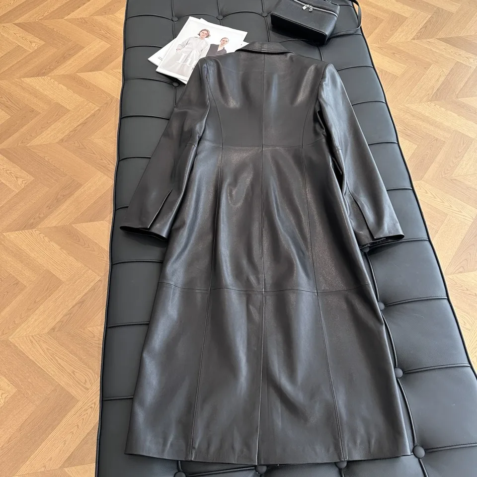 French Style Women Sheepskin Leather Long Sleeve Slim Fit Black Jacket Fashion Lady Lapel Single Breasted Long Coat 2026 Autumn