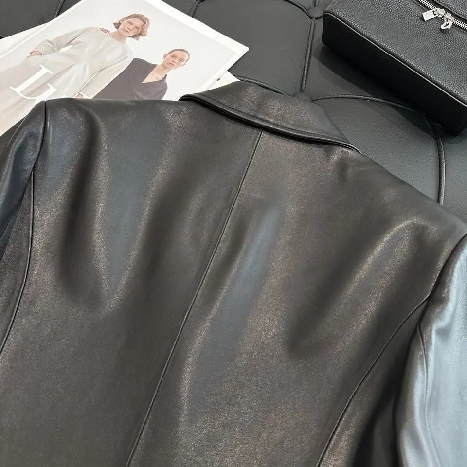 French Style Women Sheepskin Leather Long Sleeve Slim Fit Black Jacket Fashion Lady Lapel Single Breasted Long Coat 2026 Autumn