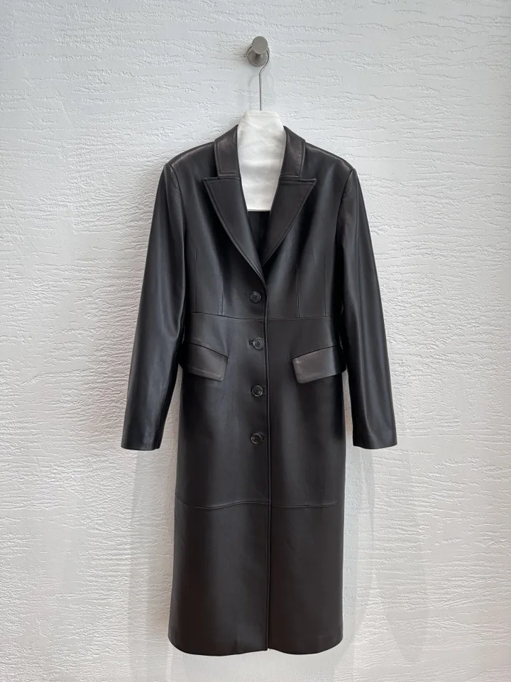 French Style Women Sheepskin Leather Long Sleeve Slim Fit Black Jacket Fashion Lady Lapel Single Breasted Long Coat 2026 Autumn