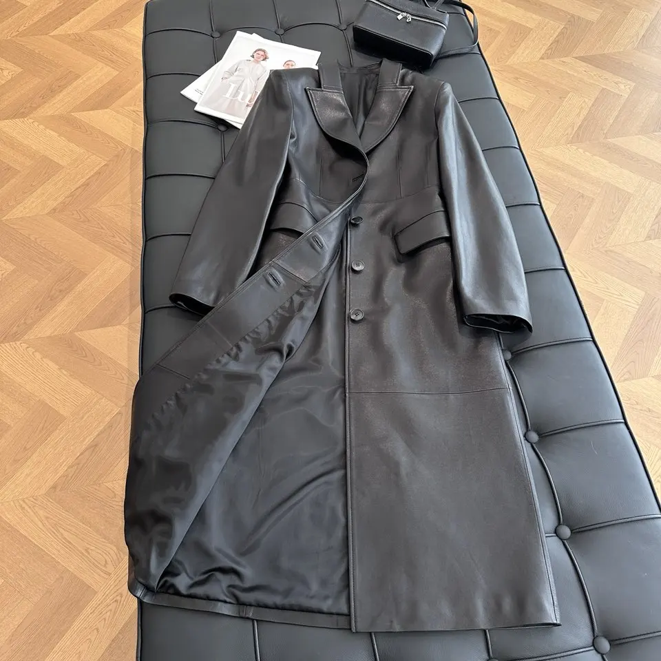 French Style Women Sheepskin Leather Long Sleeve Slim Fit Black Jacket Fashion Lady Lapel Single Breasted Long Coat 2026 Autumn
