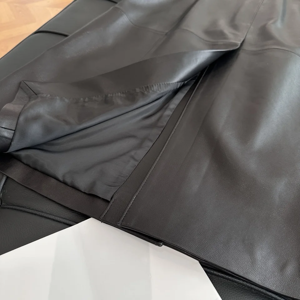 French Style Women Sheepskin Leather Long Sleeve Slim Fit Black Jacket Fashion Lady Lapel Single Breasted Long Coat 2026 Autumn