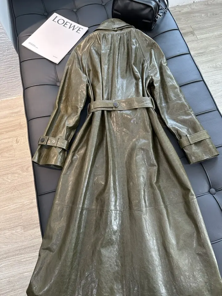 French Style Women Sheepskin Leather Long Sleeve Lace-up Trench Jacket Fashion Lady Lapel Single Breasted Long Coat 2026 Autumn