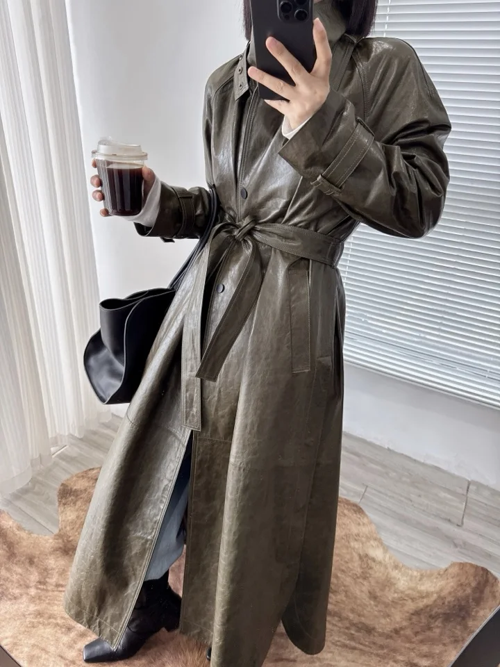 French Style Women Sheepskin Leather Long Sleeve Lace-up Trench Jacket Fashion Lady Lapel Single Breasted Long Coat 2026 Autumn