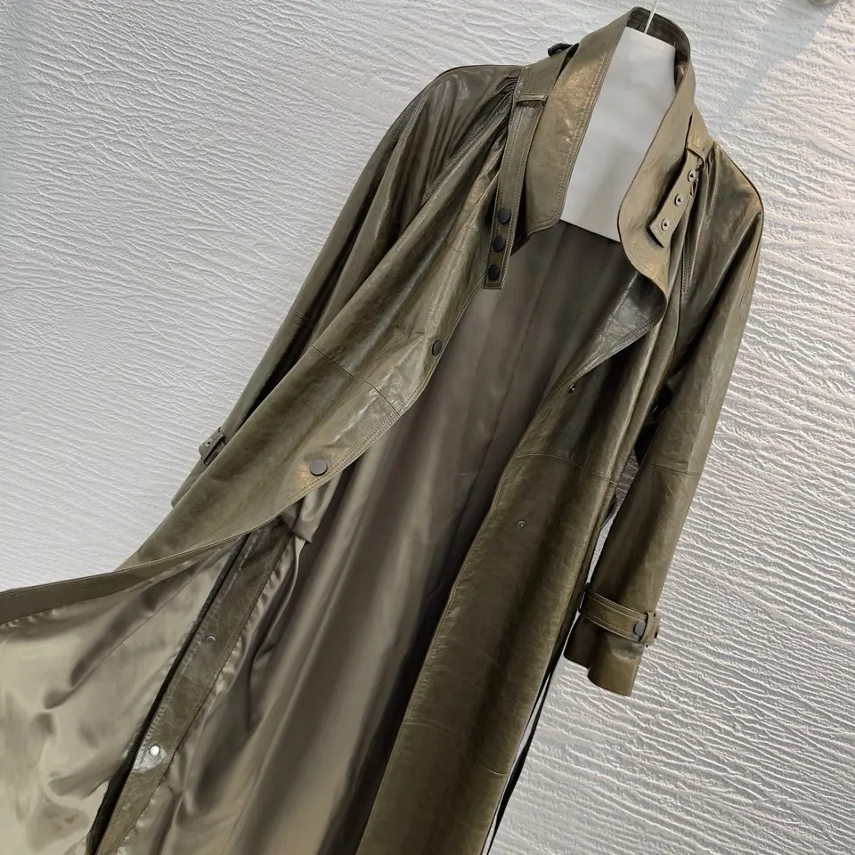 French Style Women Sheepskin Leather Long Sleeve Lace-up Trench Jacket Fashion Lady Lapel Single Breasted Long Coat 2026 Autumn