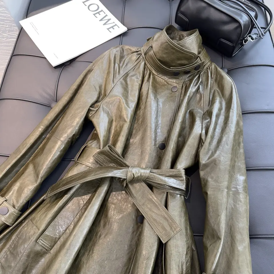 French Style Women Sheepskin Leather Long Sleeve Lace-up Trench Jacket Fashion Lady Lapel Single Breasted Long Coat 2026 Autumn