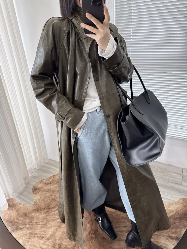 French Style Women Sheepskin Leather Long Sleeve Lace-up Trench Jacket Fashion Lady Lapel Single Breasted Long Coat 2026 Autumn