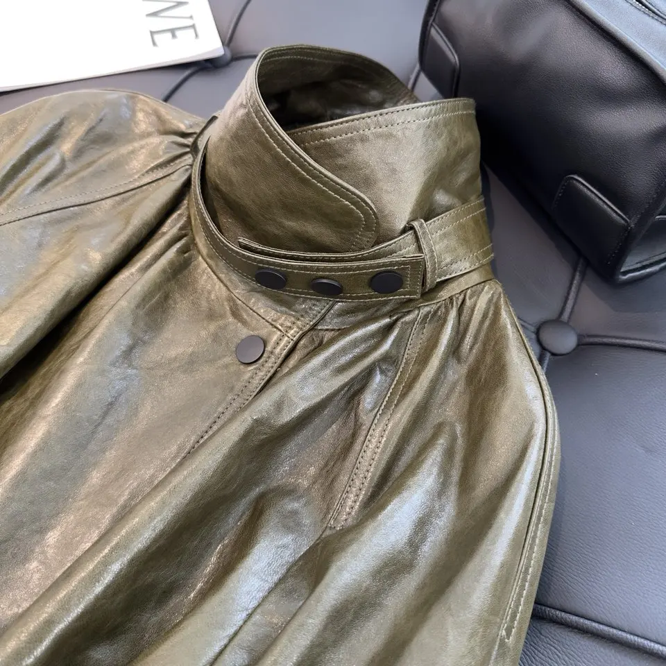 French Style Women Sheepskin Leather Long Sleeve Lace-up Trench Jacket Fashion Lady Lapel Single Breasted Long Coat 2026 Autumn