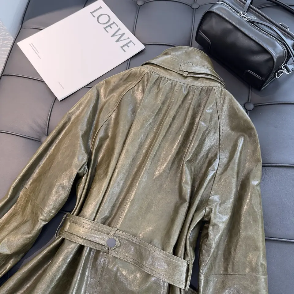French Style Women Sheepskin Leather Long Sleeve Lace-up Trench Jacket Fashion Lady Lapel Single Breasted Long Coat 2026 Autumn
