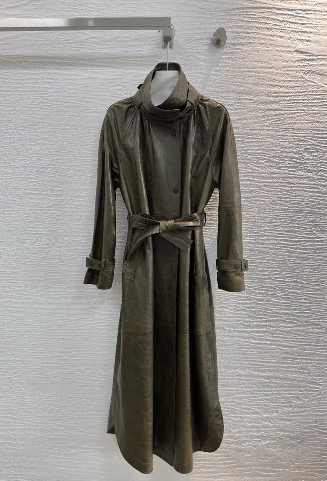 French Style Women Sheepskin Leather Long Sleeve Lace-up Trench Jacket Fashion Lady Lapel Single Breasted Long Coat 2026 Autumn