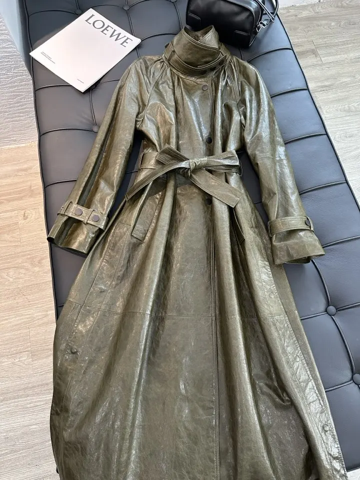 French Style Women Sheepskin Leather Long Sleeve Lace-up Trench Jacket Fashion Lady Lapel Single Breasted Long Coat 2026 Autumn
