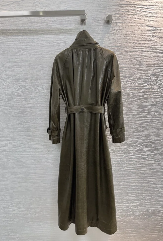 French Style Women Sheepskin Leather Long Sleeve Lace-up Trench Jacket Fashion Lady Lapel Single Breasted Long Coat 2026 Autumn
