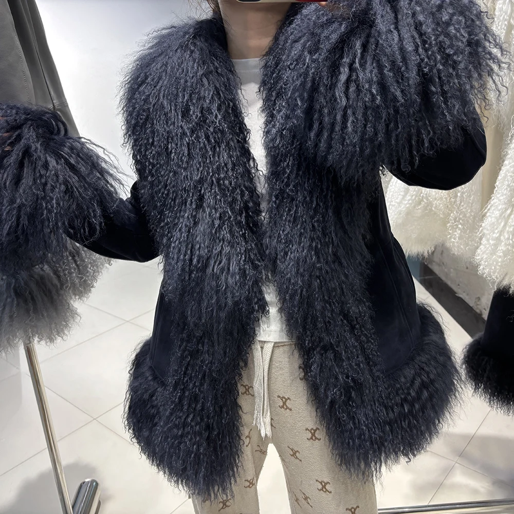 YOLOAgain Real Mongolia Sheep Fur Collar Real Leather Jacket Coat Women