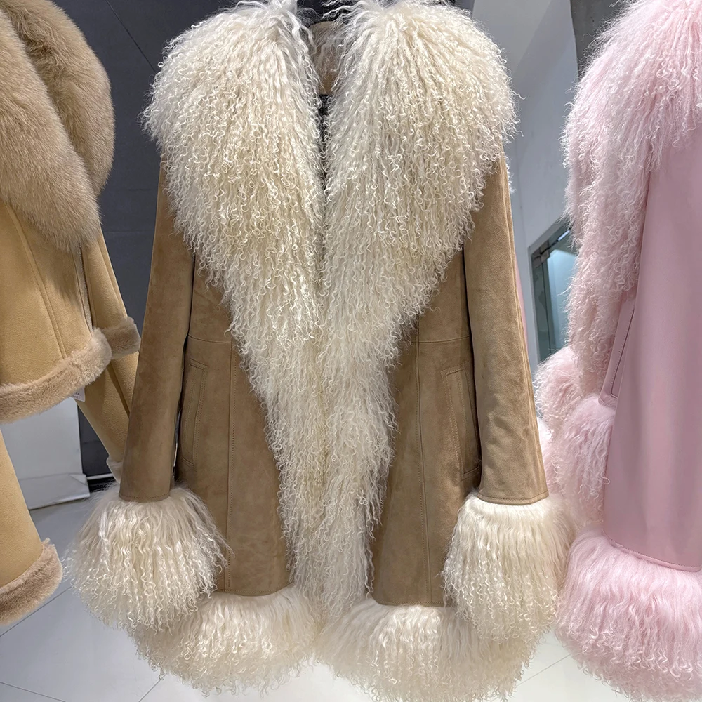 YOLOAgain Mongolia Sheep Fur Jacket Women Real Leather Coat Suede Jacket
