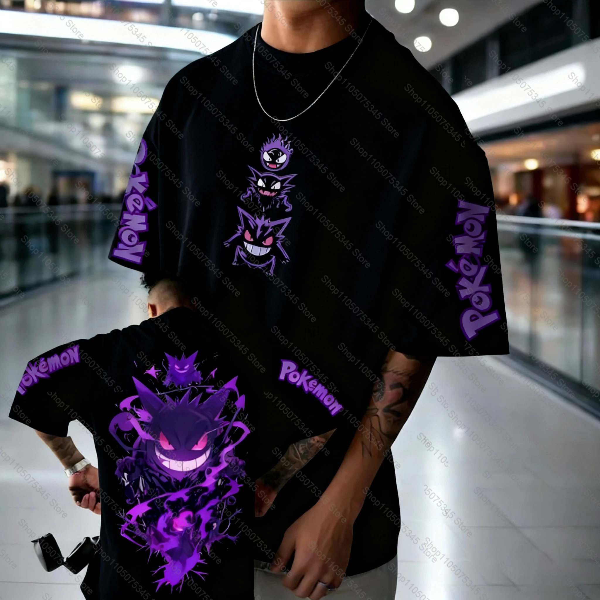 Pokémon Animation Derivatives Gengar Printing T-shirt Men's and Women's Summer Oversize Loose Cotton Street Trend Brand Top